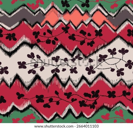 Abstract Zigzag Pattern With Floral Vines In Red, Green, And Black,Textile Design.