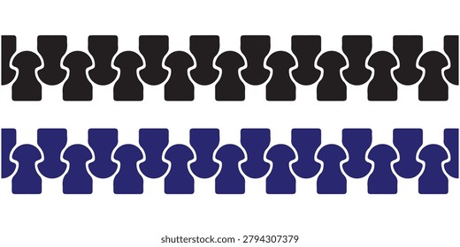 Abstract zipper pattern elements. Seamless border design. Symmetrical interlocking teeth. Graphic sewing accessory.