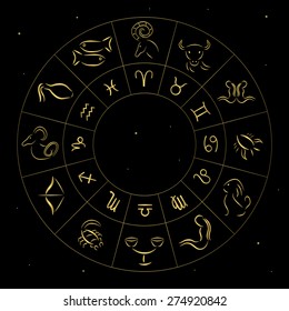 Abstract zodiac circle. Horoscope sign set: Aries, Leo, Sagittarius, Taurus, Virgo, Capricorn, Gemini, Libra, Aquarius, Cancer, Scorpio, Pisces