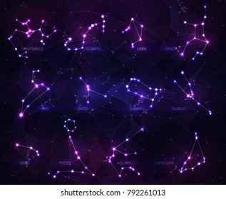  Abstract Zodiac signs in the form of a starry sky or space, consisting of points, lines, and shapes in the form stars and the universe. A Zodiac signs vector wireframe concept. Blue purple