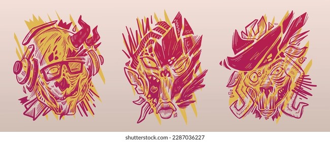 Abstract zombies magenta face character with  urban vector illustration