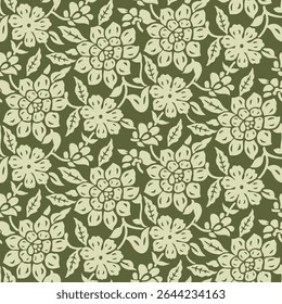 abstracted allover vector flower pattern on green background