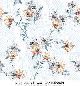 abstracted allover vector flower pattern on white