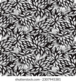 abstracted allover vector leaves pattern on black and white background