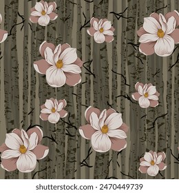 abstracted allover vector tree and flower pattern on green background