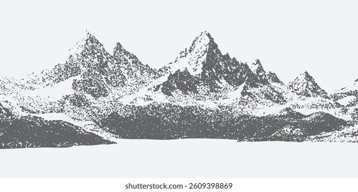 Abstracted dotted mountain range with a pointillist grunge texture. mounted landscape with grainy noise. Retro halftone vector 