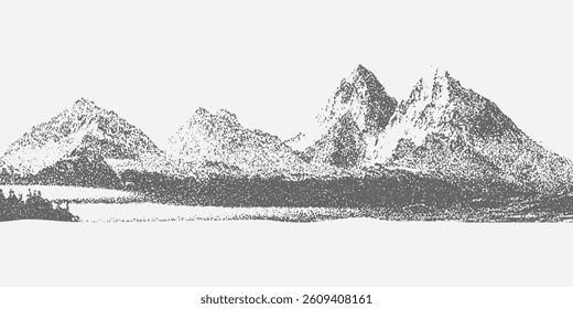 Abstracted dotted mountain range with a pointillist grunge texture. mounted landscape with grainy noise. Retro halftone vector 