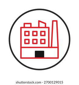 An abstracted rendering showcases a factory building with a towering chimney emitting an element within a circular design. The visual representation employs minimalist lines and shapes to