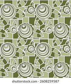 abstracted seamless vector flower and leaves pattern on green