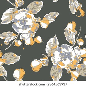 abstracted seamless vector yellow flower pattern on grey background