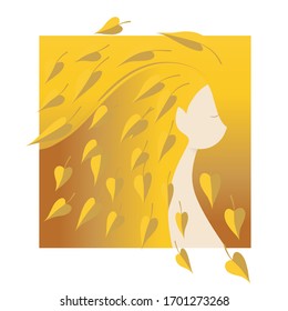 abstract-figure of a girl with autumn leaves on a colored background