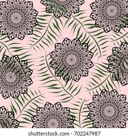 Abstract,floral,tropical,exotic summer pattern with palm leaves and mandalas on pink background.For textile,texture,prints,fabric,t-shirt and decor design.Vector illustration.