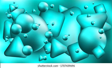 Abstracción de formas geométricas 3D en azul. Varias burbujas submarinas. Vector: 10.