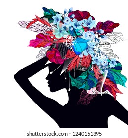 Abstraction a beautiful girl with flowers on her head. Vector