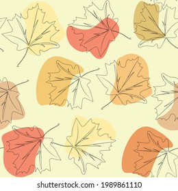 An abstraction of black outlines of autumn leaves and painted beige, orange spots on a light background. Design for textiles, pages, and covers. Seamless vector pattern.