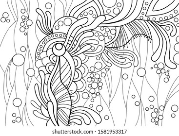 Abstraction black and white pattern with floral and aquatic natural elements with bubbles on a white background. Coloring. Mosaic. Puzzles