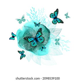 Abstraction from blue flowers and butterflies. Vector illustration