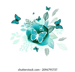 Abstraction from blue leaves and butterflies. Vector illustration