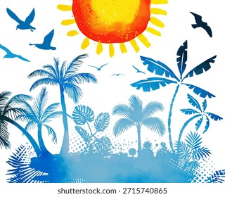 Abstraction of blue palm trees and sun in watercolor. Hand drawn. Not AI, vector illustration