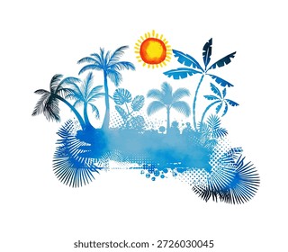 Abstracción de palmeras azules y sol en acuarela. Dibujado a mano. No IA, Ilustración vectorial