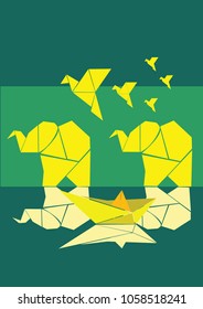 Abstraction of Boat riding in wild area. The design is derived from the origami art and reflection of the wild animals and boat resembles a river in woodland. 