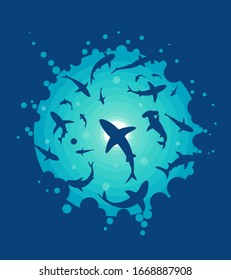 Abstraction. The bottom of the ocean with bright light and silhouettes of sharks. Vector Illustration.