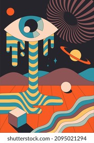 Abstraction bright psychodelic cover. Old hippie style pictures. Retro banners and posters. Stylish site design, eyes and sprawling geometric shapes, shadows. Cartoon volumetric vector illustration