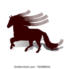 Abstraction, brown Horse with long wavy and long mane, runs, on white background, vector