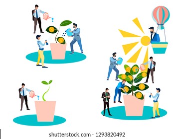 Abstraction, business like a flower that is watered by employees. In minimalist style. Cartoon flat Vector Illustration