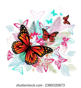 Abstraction with butterflies and palm leaves on a white background. hand drawing. Not AI, Illustrat3. Vector illustration