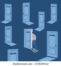 Abstraction. Choices in life. Vector illustration of a man who chose love. Freedom, success, fame, children, money, love, career, health. Only you decide which door you want to open. Flat design