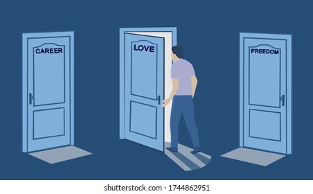 Abstraction. Choices in life. Vector illustration of a man who chose love. Freedom,love, career. Only you decide which door you want to open. Flat design