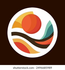 Abstraction in a circle with sun and stylised nature. For logo, for printing. Vector