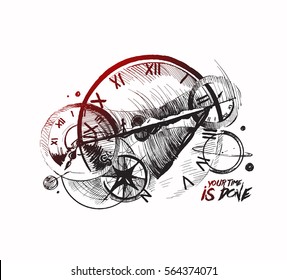 Abstraction of a clockwork, a time machine, Hand Drawn Sketch Vector Background.