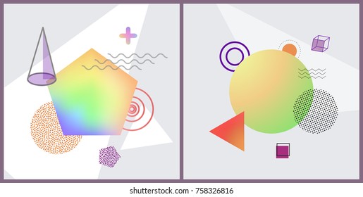 Abstraction collection of futuristic posters with triangles, circles and lines, images on vector illustration isolated on white and grey, geometry background