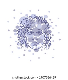 Abstraction. Color outline image of a woman's head. In the background there are pale monochrome circles of different diameters. The background is white. Design element. Vector illustration.