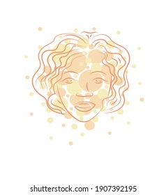 Abstraction. Color outline image of a woman's head. In the background there are pale monochrome circles of different diameters. The background is white. Design element. Vector illustration.