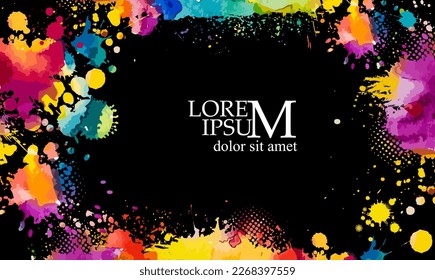 Abstraction colored blots on a black background. Rainbow colors. Frame for text with a brush. Vector illustration