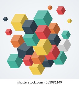 Abstraction of colored cubes, squares scattered on a white background