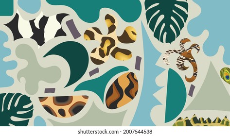 Abstraction with colored geometric shapes on a blue background with elements of wildlife: animal skin, monstera leaves. Can be used as a banner