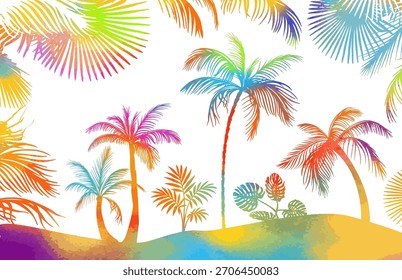 Abstracción de palmeras de colores. Dibujado a mano. No IA, Ilustración vectorial