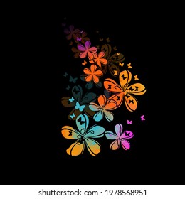 Abstraction with colorful cute simple flowers and butterflies. Vector illustration