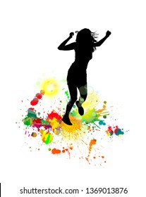 Abstraction with colorful paint stains and dancing girl 
