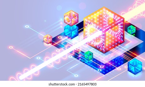 Abstraction concept of Quantum computer. The beam of digital signal passes through qubit in core optical CPU. tech background. Futuristic hardware technology of Quantum  computing architecture.