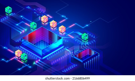 Abstraction concept of Quantum CPU.  Electronic CHIP, components on print circuit board. Glass futuristic processor and hardware parts of computer on PCB. Electronic technology conceptual background.