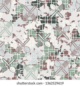 Abstraction consisting of painted kitchen utensils painted on a colorful background. Seamless pattern. Editable.