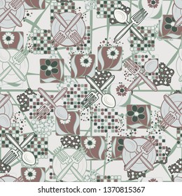 Abstraction consisting of painted kitchen utensils painted on a colorful background. Seamless pattern. Editable.