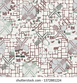 Abstraction consisting of painted kitchen utensils painted on a colorful background. Seamless pattern. Editable.