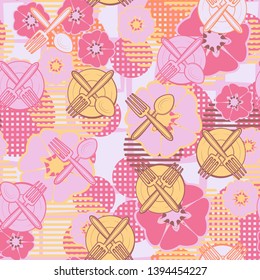 Abstraction consisting of painted kitchen utensils painted on a colorful background. Seamless pattern. Editable.