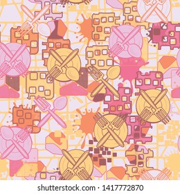 Abstraction consisting of painted kitchen utensils painted on a colorful background. Seamless pattern. Editable.